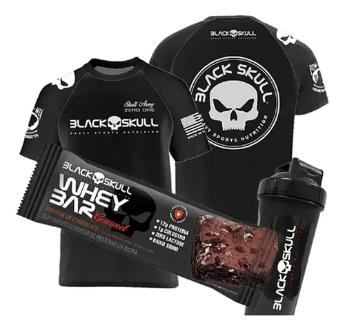 Kit Camiseta Black Skull Barra Proteína Caveira Coqueteleira