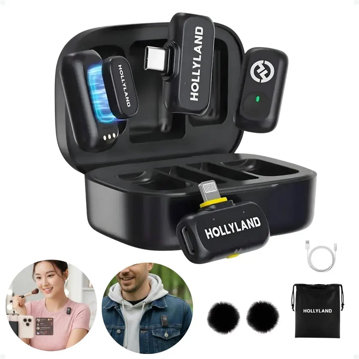 Microfone sem fio Hollyland Lark A1 Combo cor preto (Conector Lighting e Type-C e Case)