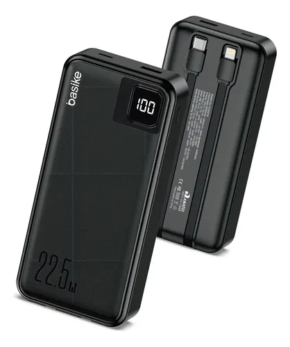 🔥Power Bank Basike 20000mAh Preto, Carga Rápida 22.5W para iPhone e Samsung, Com Cabos Em