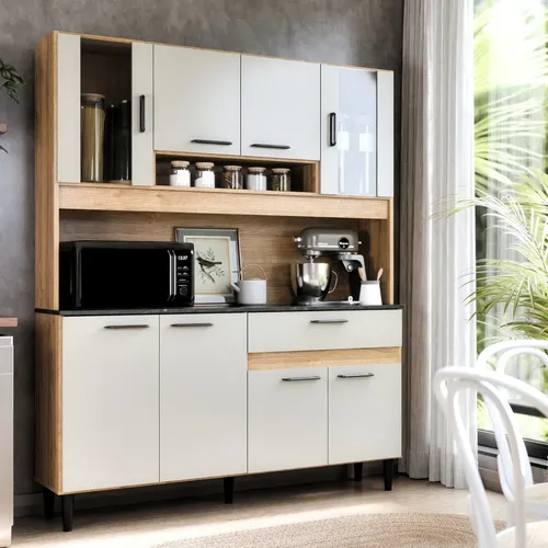 Armário De Cozinha Completo Coral 120cm Carvalho Off White Com Balcão E Paneleiro 8 Portas