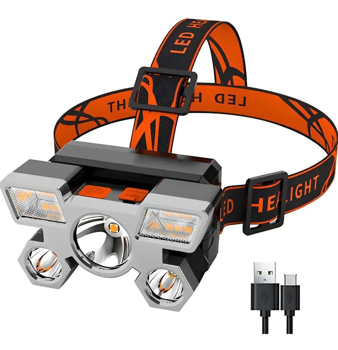 Lanterna de Cabeça YBF Recarregável USB, com 5 Spots e Luz Branco Dourado