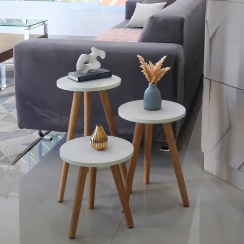 Kit 3 Mesinhas Redonda Pé Palito Retro Trio Decorativo