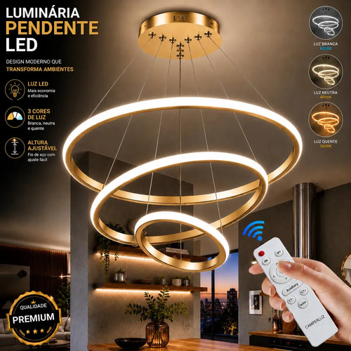 ✅ Lustre Pendente Camperluz Dourado 3 Arcos