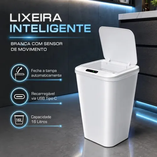 Lixeira Inteligente Recarregável c/ Sensor Automático 16L