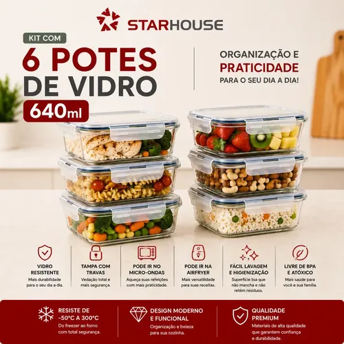 Kit 6 Potes 640ml Vidro Hermético 4 Travas Marmita Refratario Star House com 4 travas de s