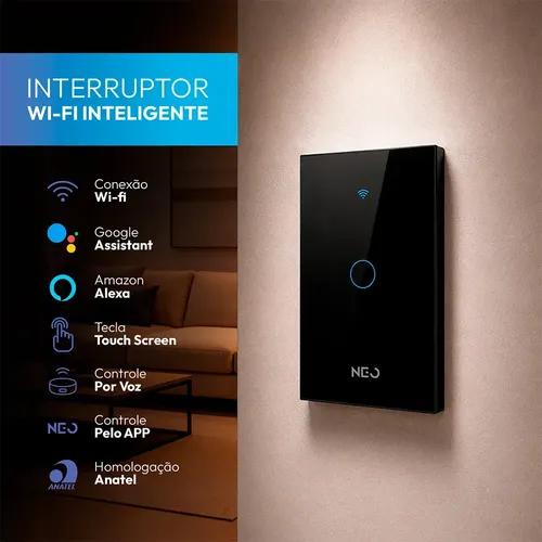 Interruptor Smart Inteligente Wi-fi 2.4 GHz Alexa google 1 Botão 4x2 Bivolt Preto Neo Avan