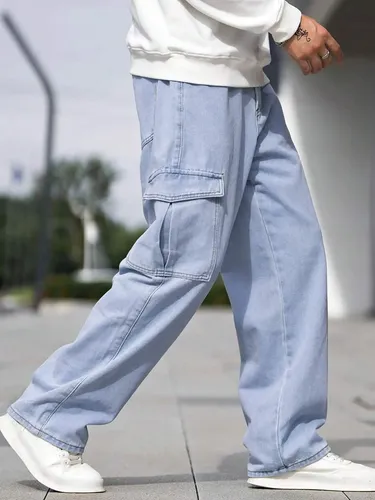 Calça Cargo Jeans Larga Bolsos Lateral Streetwear (5 cores)