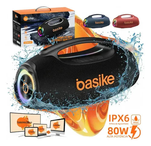 🔥Basike Caixa de Som Portátil Com Bluetooth Boombox 80W 8000Mah 10hrs Sem fio IPX6 À Prov
