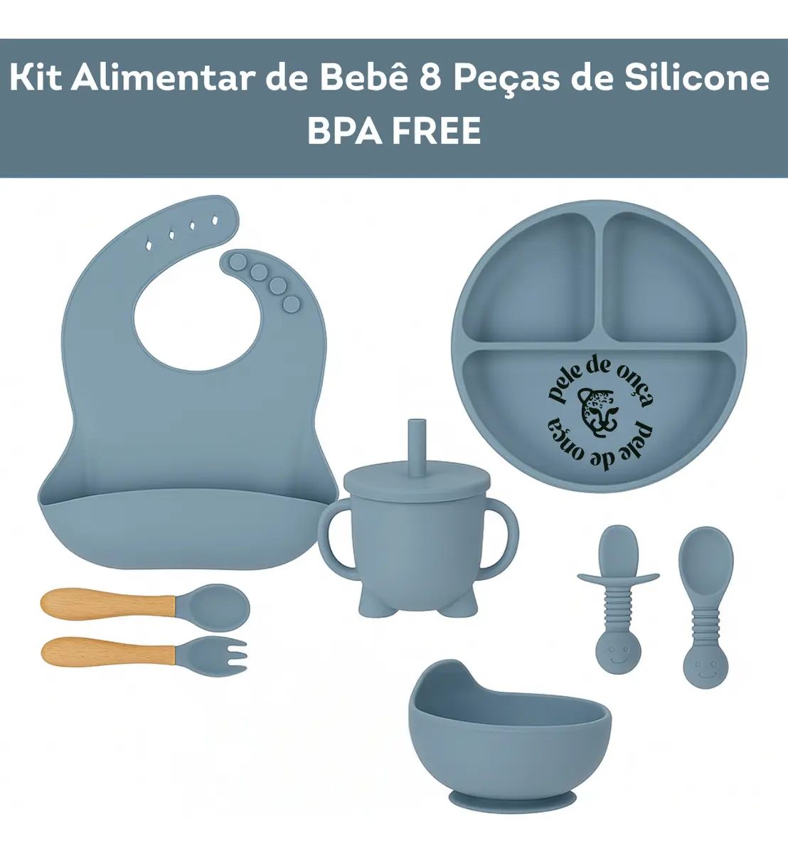 Kit Alimentar Bebê 8 Un Copo Prato Babador Silicone Bpa Free Cor Azul
