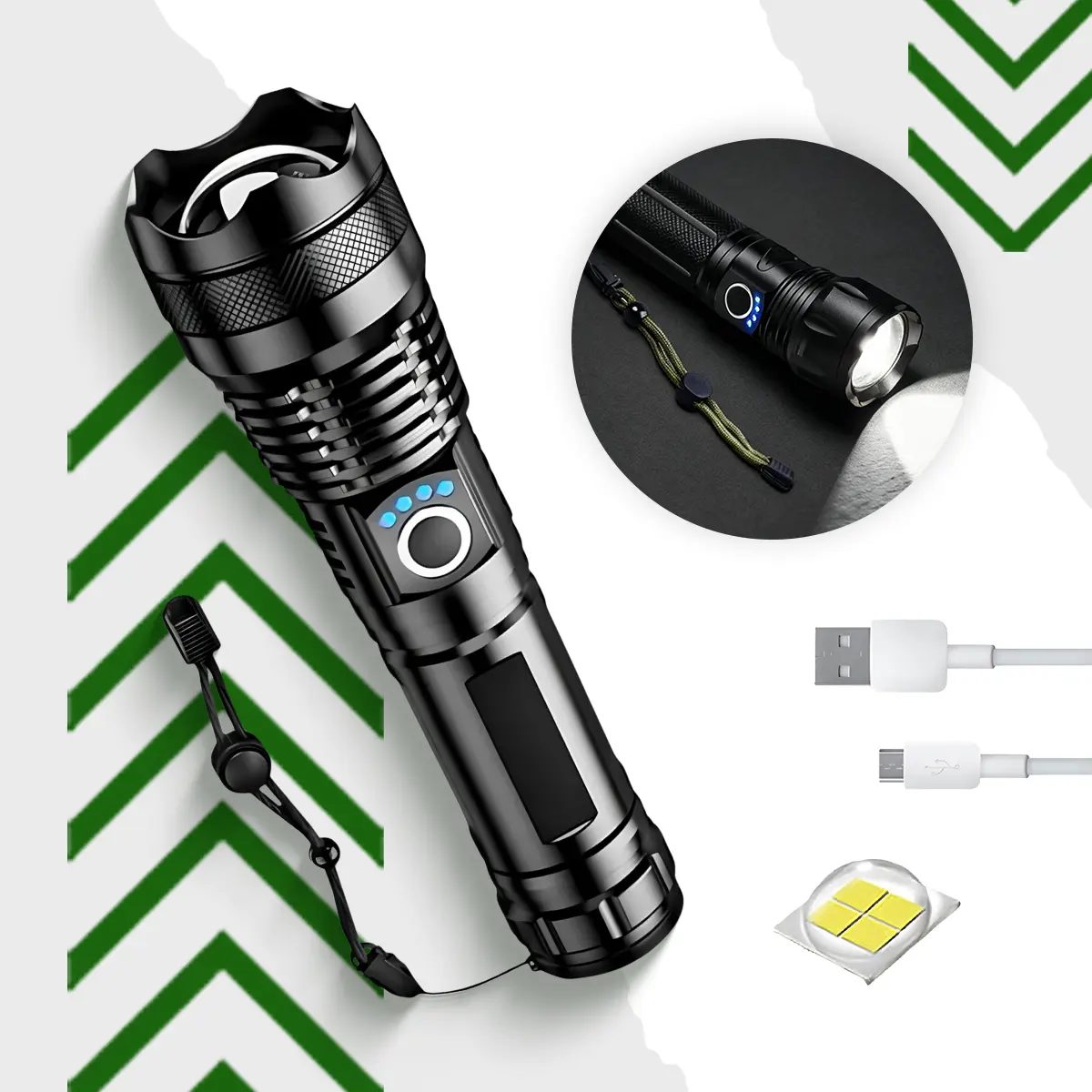Lanterna Tatica T9 Led Recarregavel Mais Potente Do Mundo Alto Brilho Zoom Xhp Preto Luz B