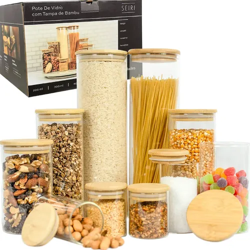 Kit 10 Potes Herméticos Vidro Tampa Bambu