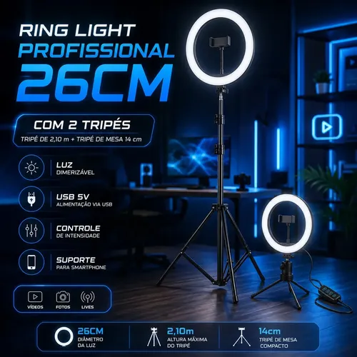 Ring Light Iluminador Led Profissional 26cm Tripé 2,10m