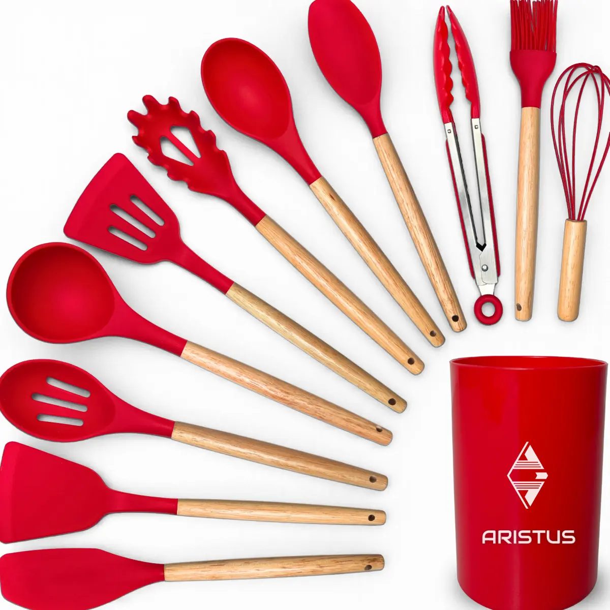 Kit com 12 Utensílios de Cozinha Silicone Cabo Madeira (6 cores)