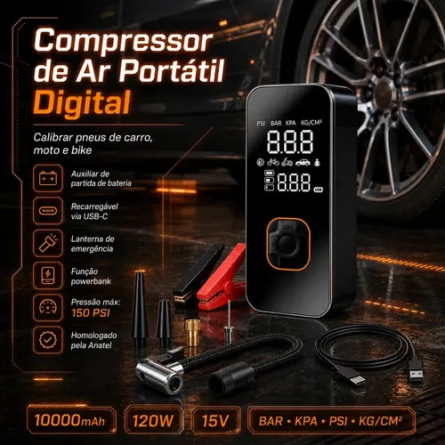 Bomba Elétrica Portátil Digital Auxiliar de Partida e Powerbank