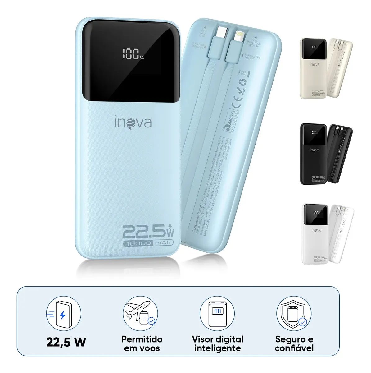 Carregador Portátil Inova Power Bank 10000mAh Com Carregamento Rápido de 22.5W