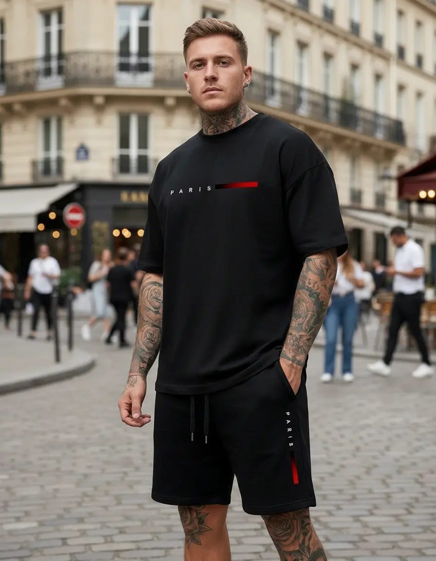 Kit Conjunto Camiseta + Short Moletom Estampado Paris France