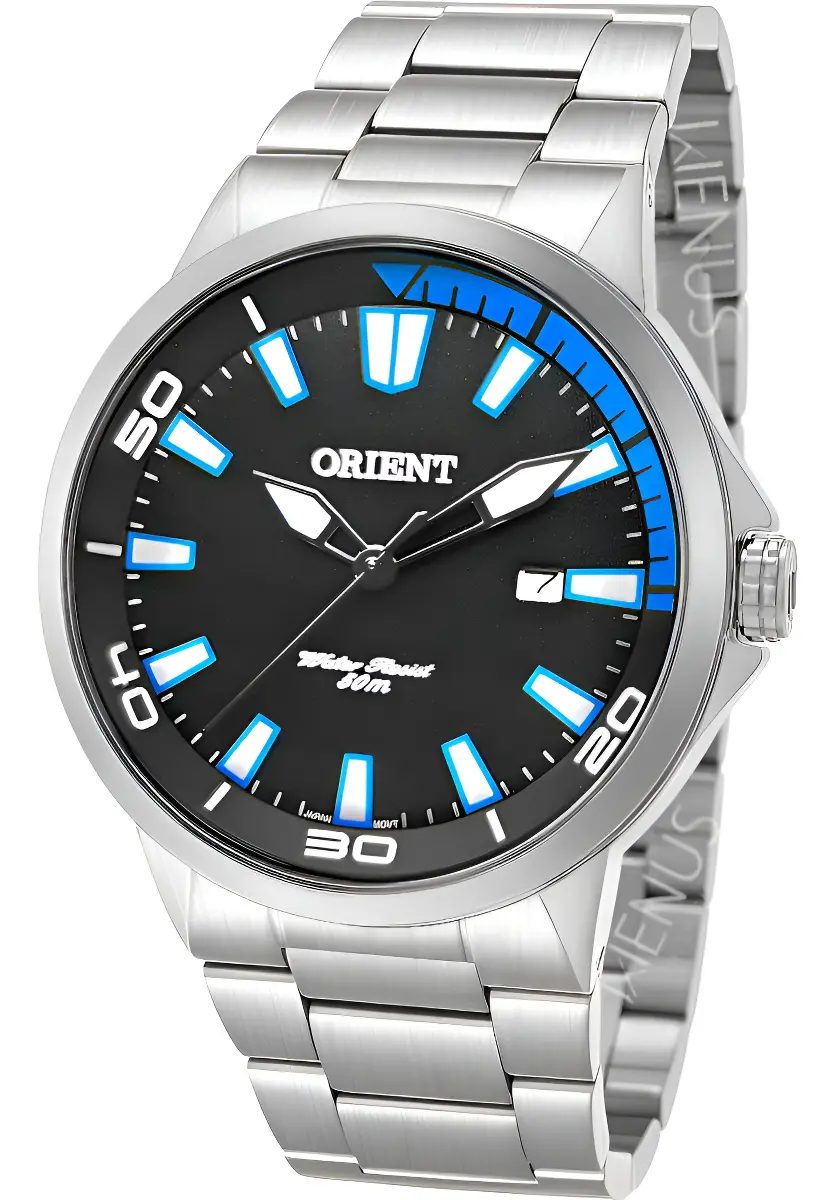 Relógio De Pulso Orient Mbss1196a Com Correia De Aço Cor Prateado Fundo Preto/azul