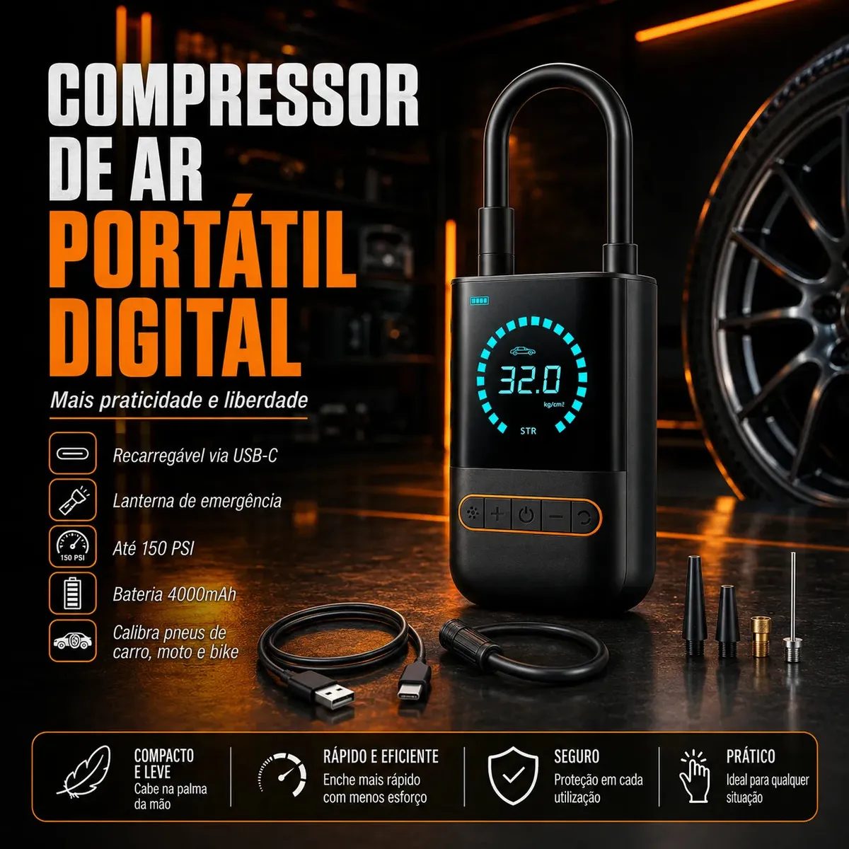 Compressor De Ar Mini Bomba Calibrador De Ar Portátil Recarregável
