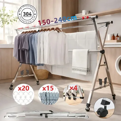 Varal Chão Roupa Retrátil 3 Andares Dobrável Aço Inoxidávelrodas 80kg