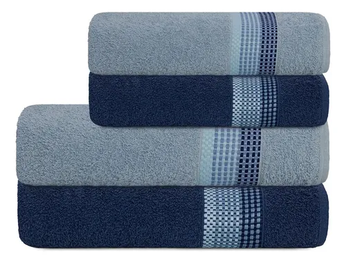 Jogo De Banho E Rosto 4 Pçs Algodão Venus Select Camesa Lisa Marinho Com Azul Claro