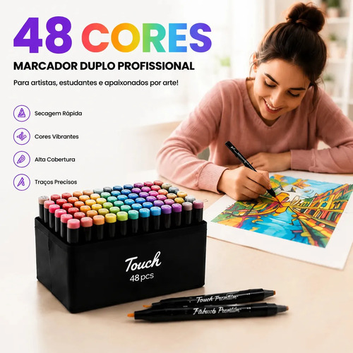 Kit Estojo Touch Canetas Ponta Dupla 48 Cores P/ Colorir