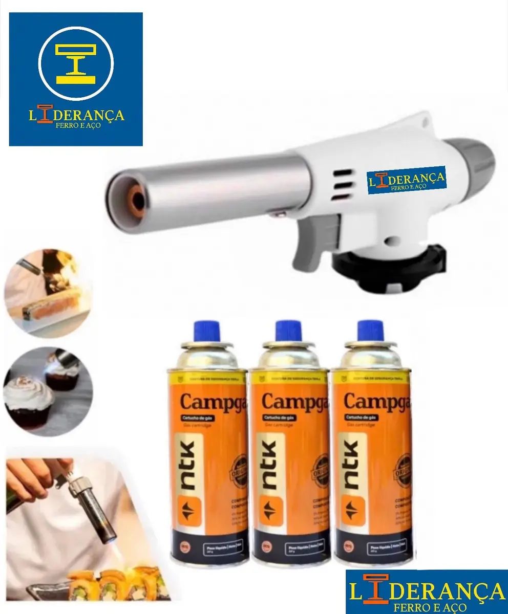 Kit Maçarico Portátil Automático Liderança Ferro E Aço para 1300°C com 4 Refis de Gás Buta