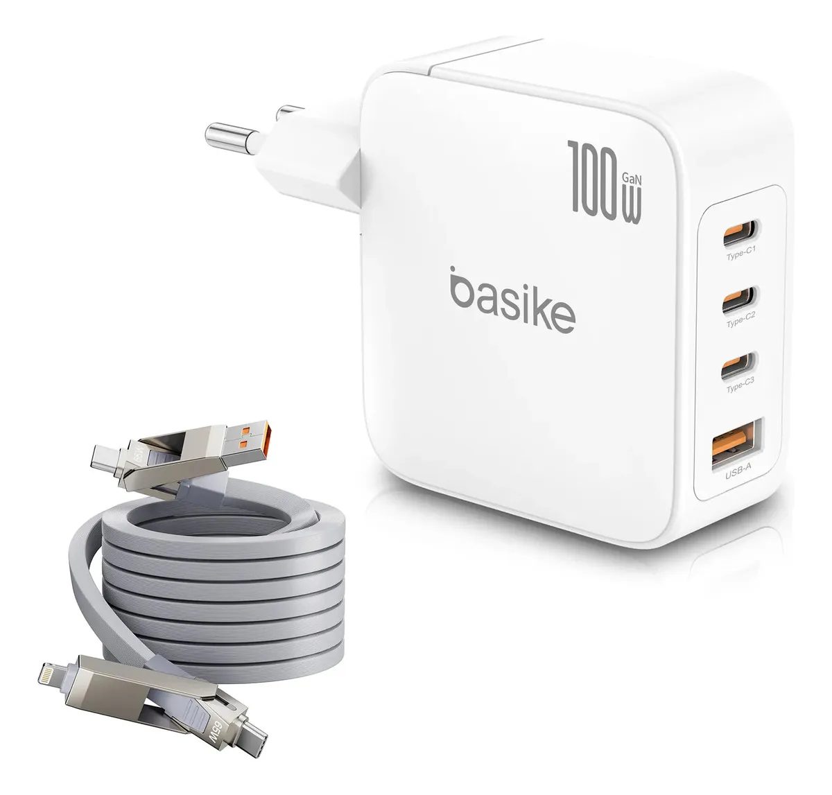 Carregador de Parede Basike 100W Turbo GaN com 3 USB-C e 1 USB-A