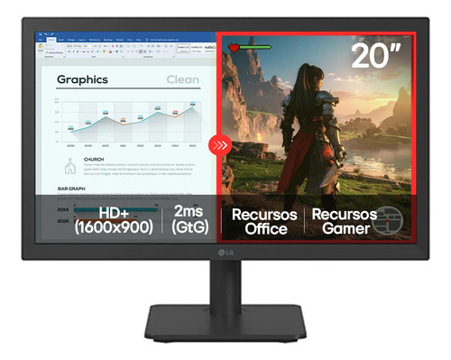 Monitor LG LED 20" HD+, 75Hz, 2ms, Modo Leitura, Flicker Safe, Black Stabilizer, Dynamic A