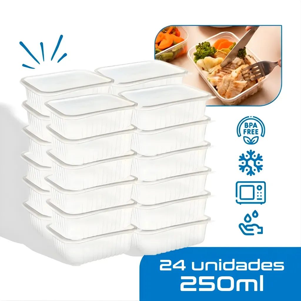 24 Marmitas 250ml Pote Retangular Plástico Microondas Com Tampa
