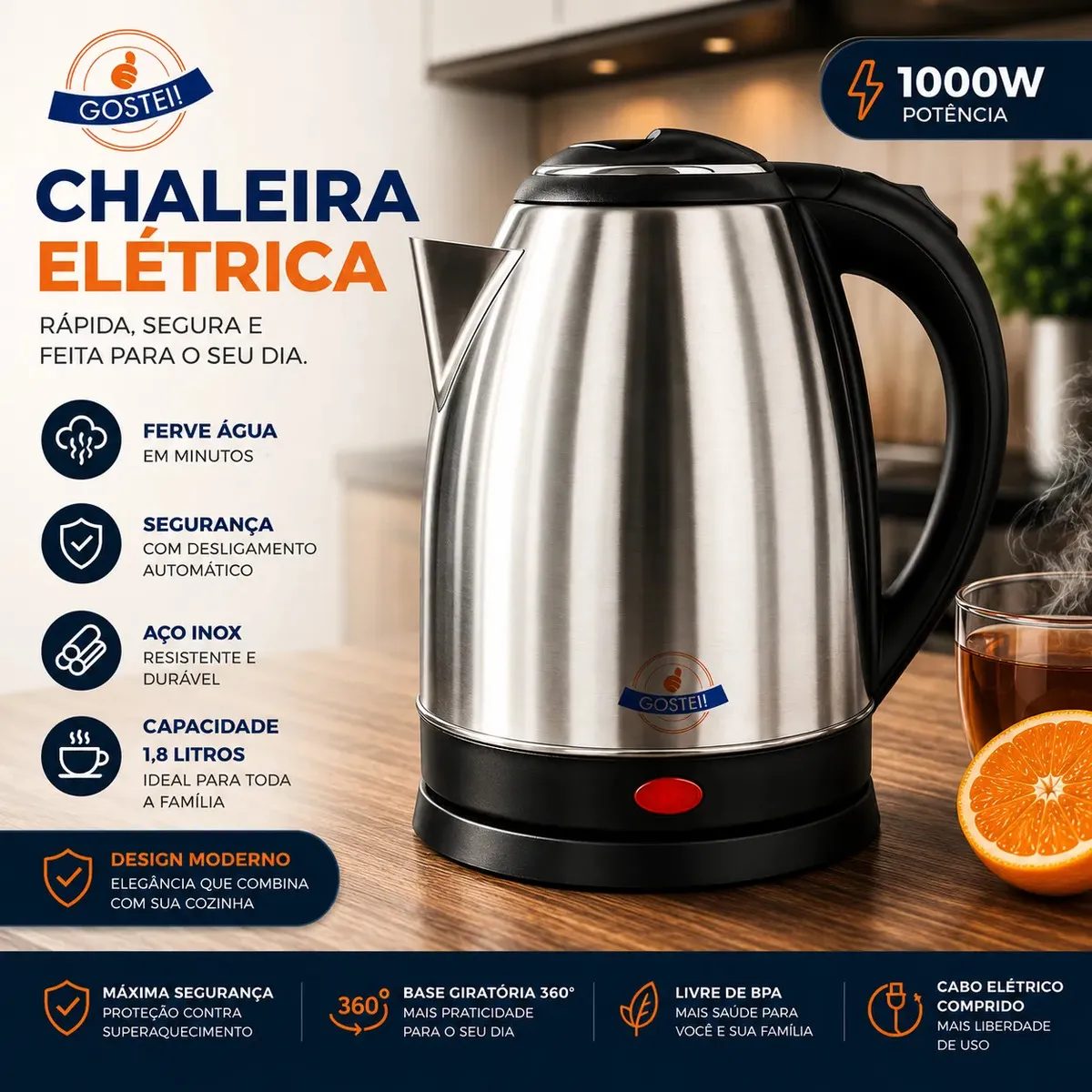 Chaleira Elétrica Térmica Inox 1.8 Litros 127v