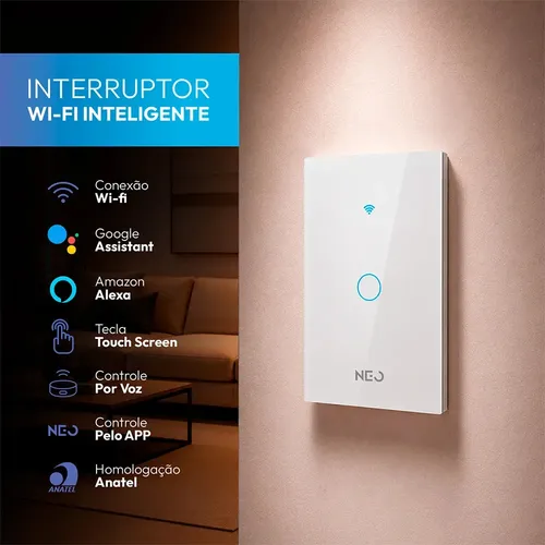 Interruptor Smart Inteligente Wi-fi 2.4 GHz Alexa google 1 Botão 4x2 Bivolt Branco Cod: 29