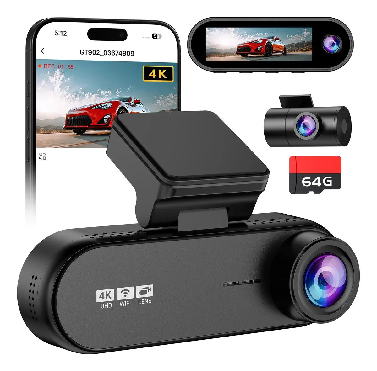 Câmera Veicular OLAFVI GT902 4K Com Três Lentes, Wi-Fi e Tela 3.19"