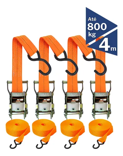 Kit 4 Cintas Catraca 4m 800kg Poliéster Trançado Ultra Resistente Gancho Emborrachado Tran