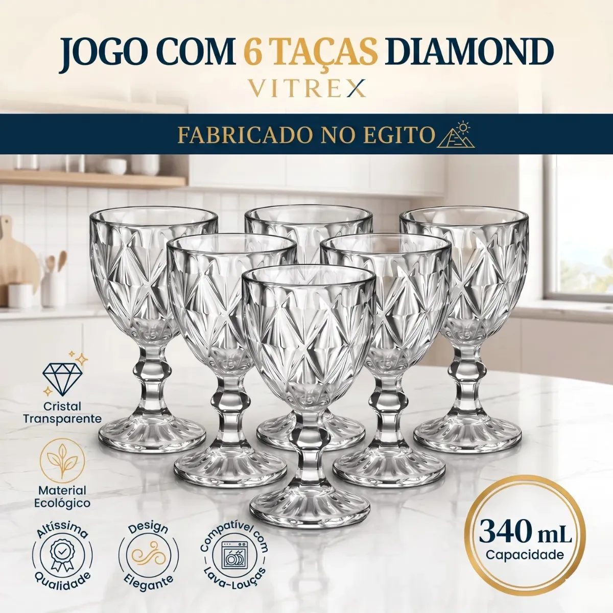 Jogo 6 Taças de Cristal 340ml Diamond