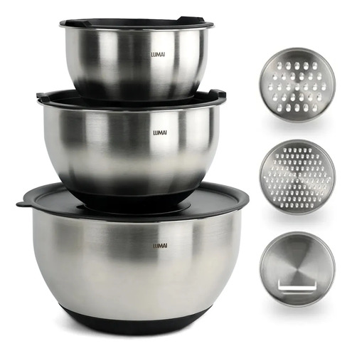 Kit 3 Bowls Tigelas Grandes De Aço Inoxidável Com Tampas Hérmeticas E 3 Discos De Corte De