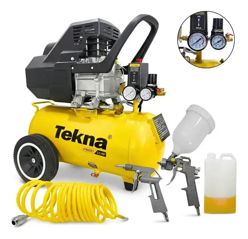 Compressor De Ar 2,5hp 8 Pés 22l Lubrificado Com Kit Tekna Amarelo 60 Hz Monofásica