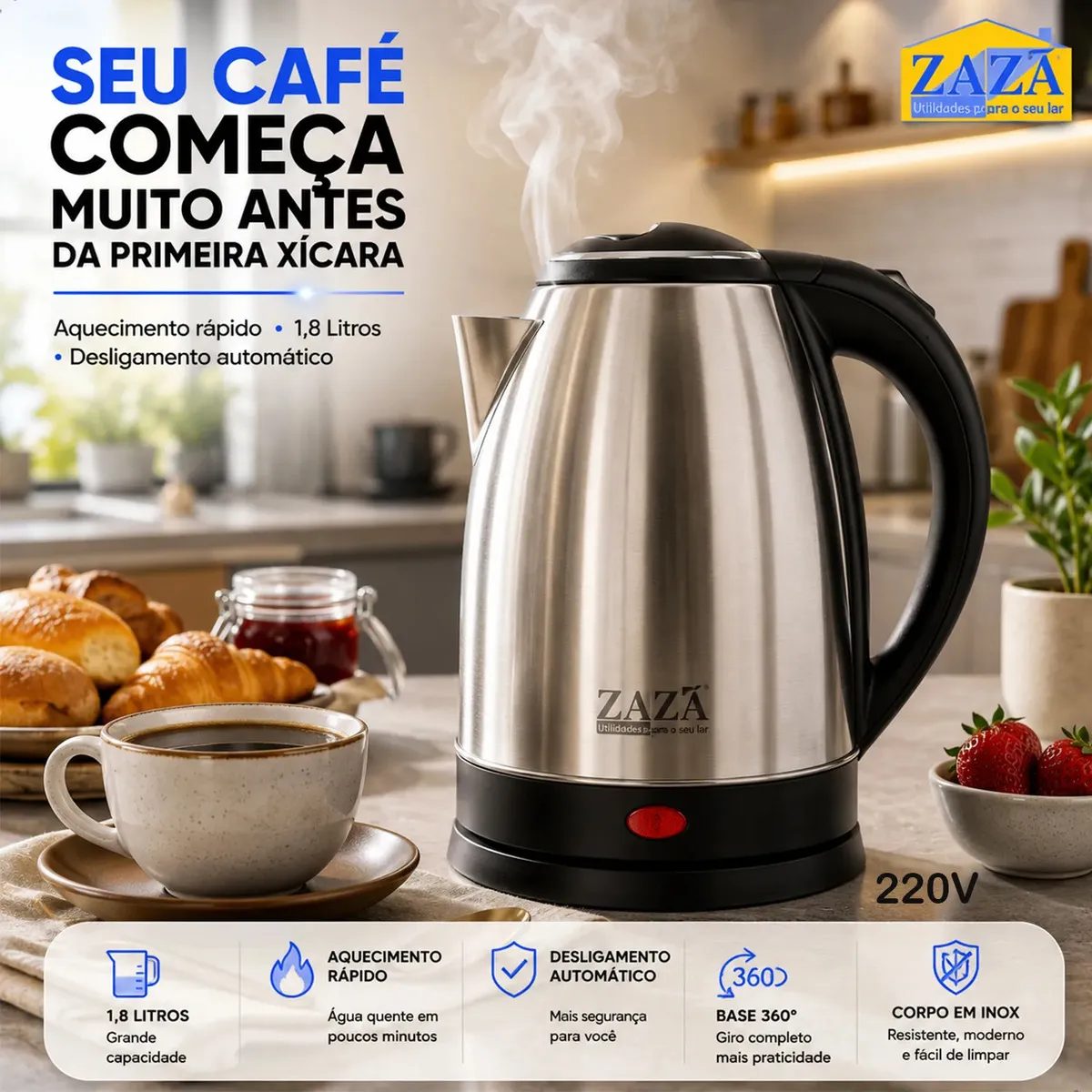 Chaleira Jarra Elétrica 1,8L Litros Em Inox Desligamento Automático Aquecimento Rápido Seg