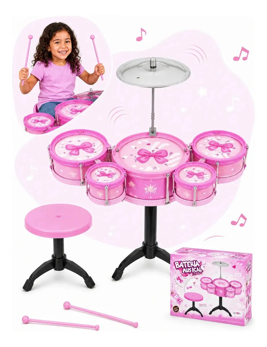Mini Bateria Infantil Completa Com Banquinho Instrumento 5 Tambores