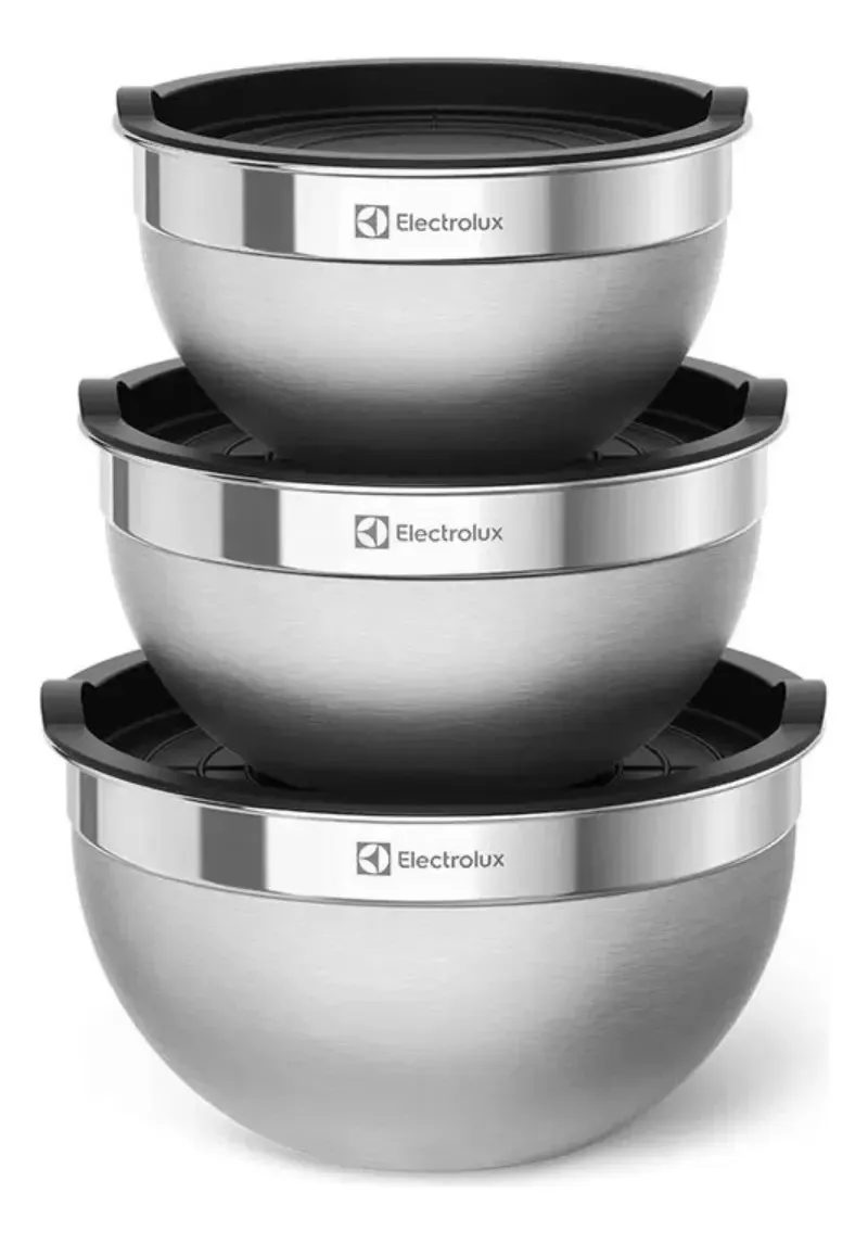Electrolux Kit Bowls Tigelas em Inox com Tampa Plástica 3 Unidades Utensílios Domésticos d