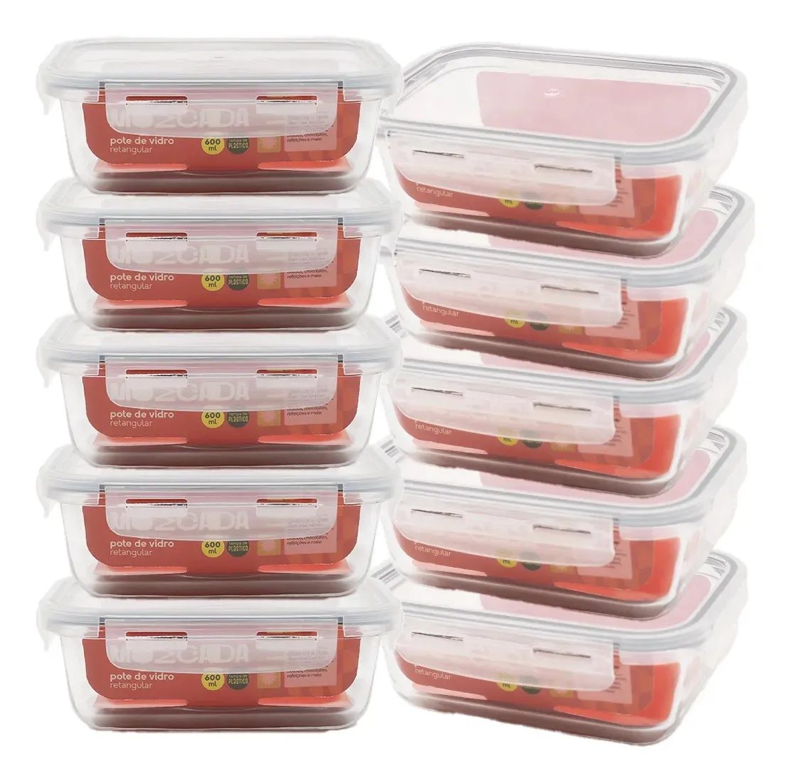 Kit 10 Potes De Vidro 600ml Hermético Retangular