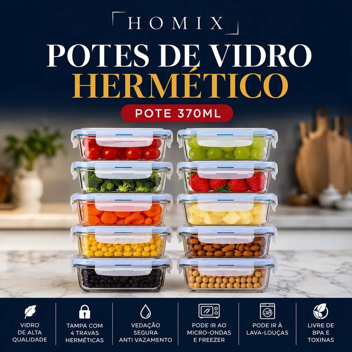 Kit 10 Potes Vidro Hermético 370ml Retangular 4 Travas Marmita Premium Homix