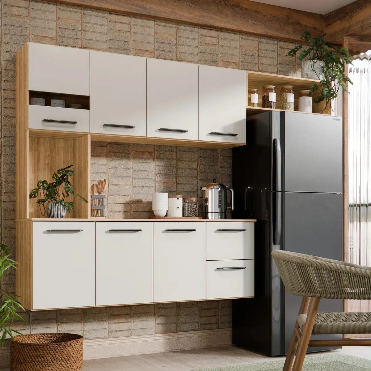 Armário de Cozinha Completa Aéreo 7 Portas e 2 Gavetas Planejada Branco Off White Ripado J