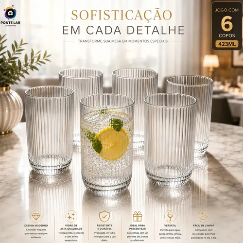 Jogo 6 Copos Vidro Canelado 423ml