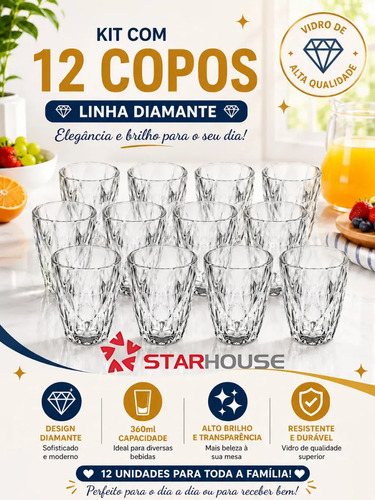 Kit 12 Copos Diamond 300ml Star House