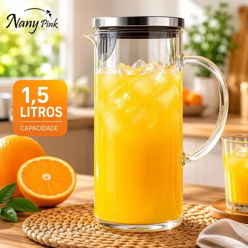 Jarra Vidro Borossilicato 1,5 Litros Tampa Inox - Nany Pink