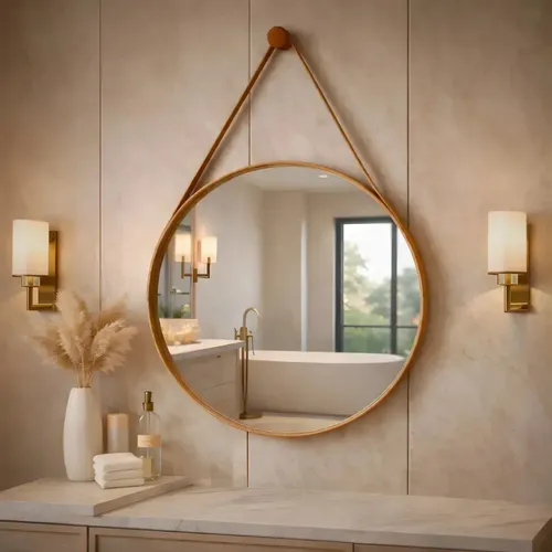 ✅ Espelho Redondo Decorativo Couro Caramelo
