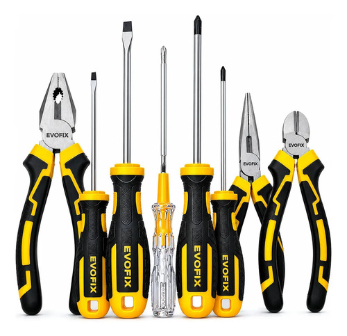 Kit Ferramentas 8 Pecas Evofix Alicates Chaves De Fenda E Phillips Testador De Voltagem