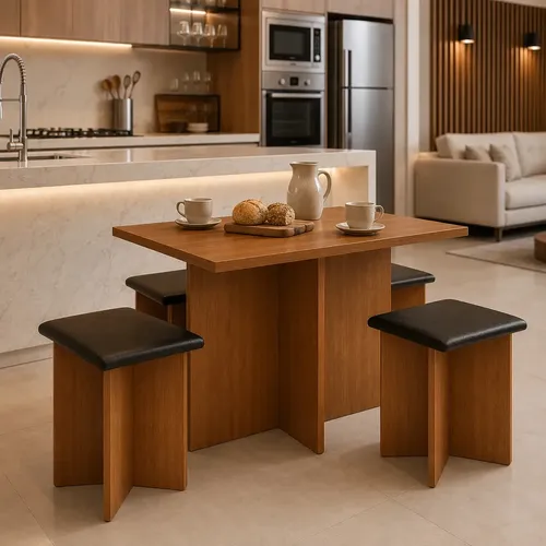 Conjunto Kit Sala de Jantar Mesa Gabriela Quadrada Com 4 Cadeiras Design Moderno