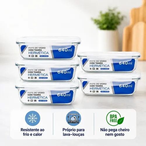Kit 05 Potes Herméticos de Vidro 640ml
