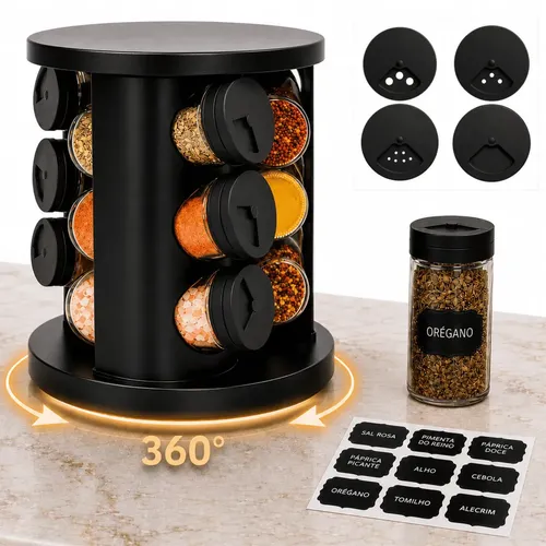 Porta Temperos Condimentos 9 Potes De Vidro Base Giratória 360° 9 Etiquetas Adesiva